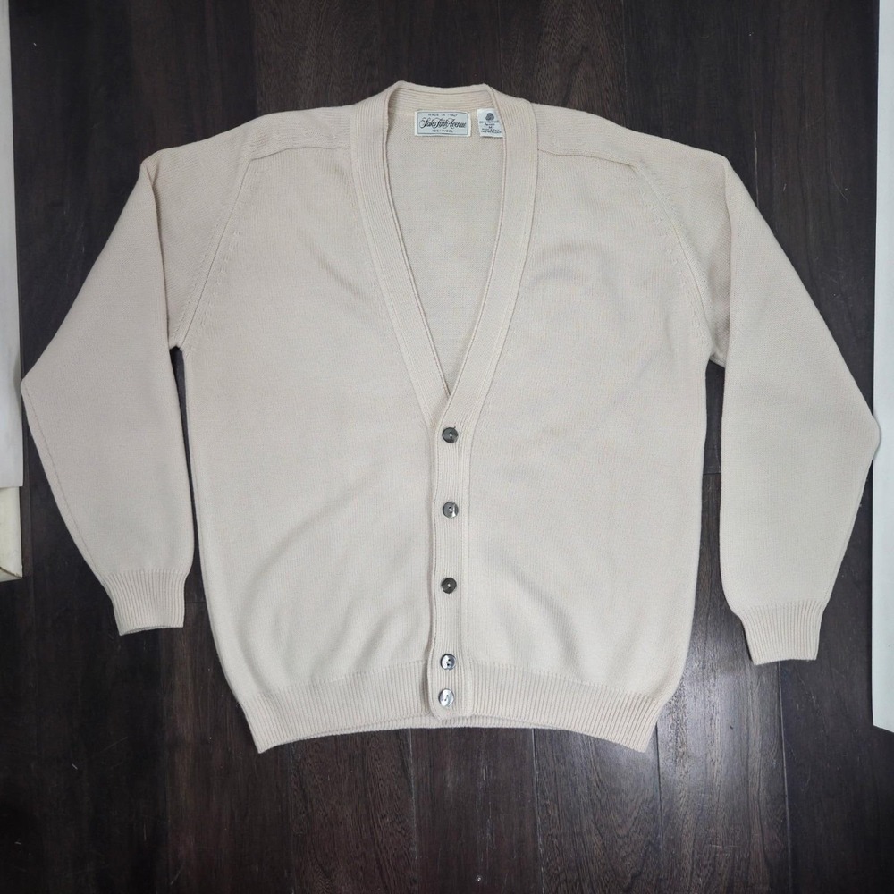 Saks Fifth Ave Vintage Cardigan Sweater Size Mens M Cream 100% Virgin Wool Italy